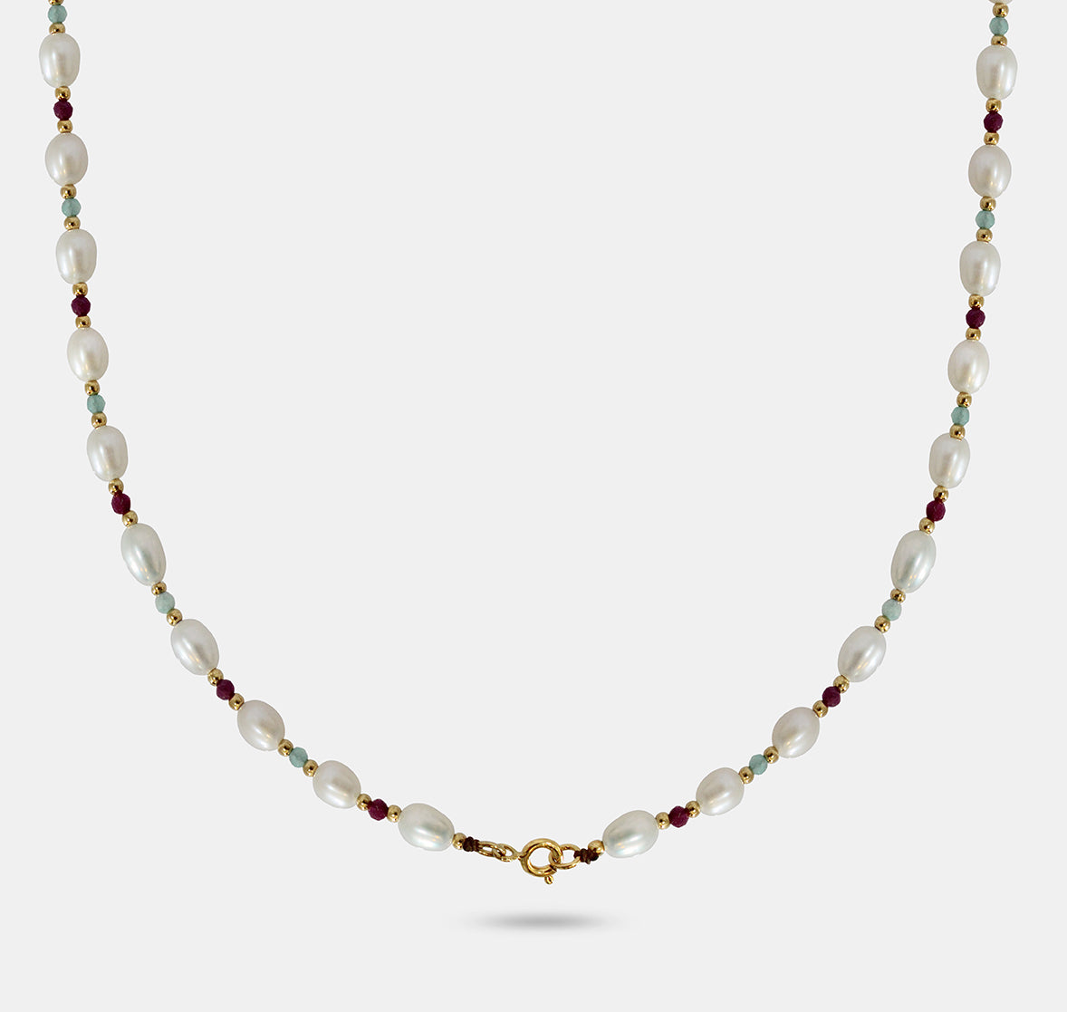 Medium Pearl Necklace with Ruby and Amazinite Beads