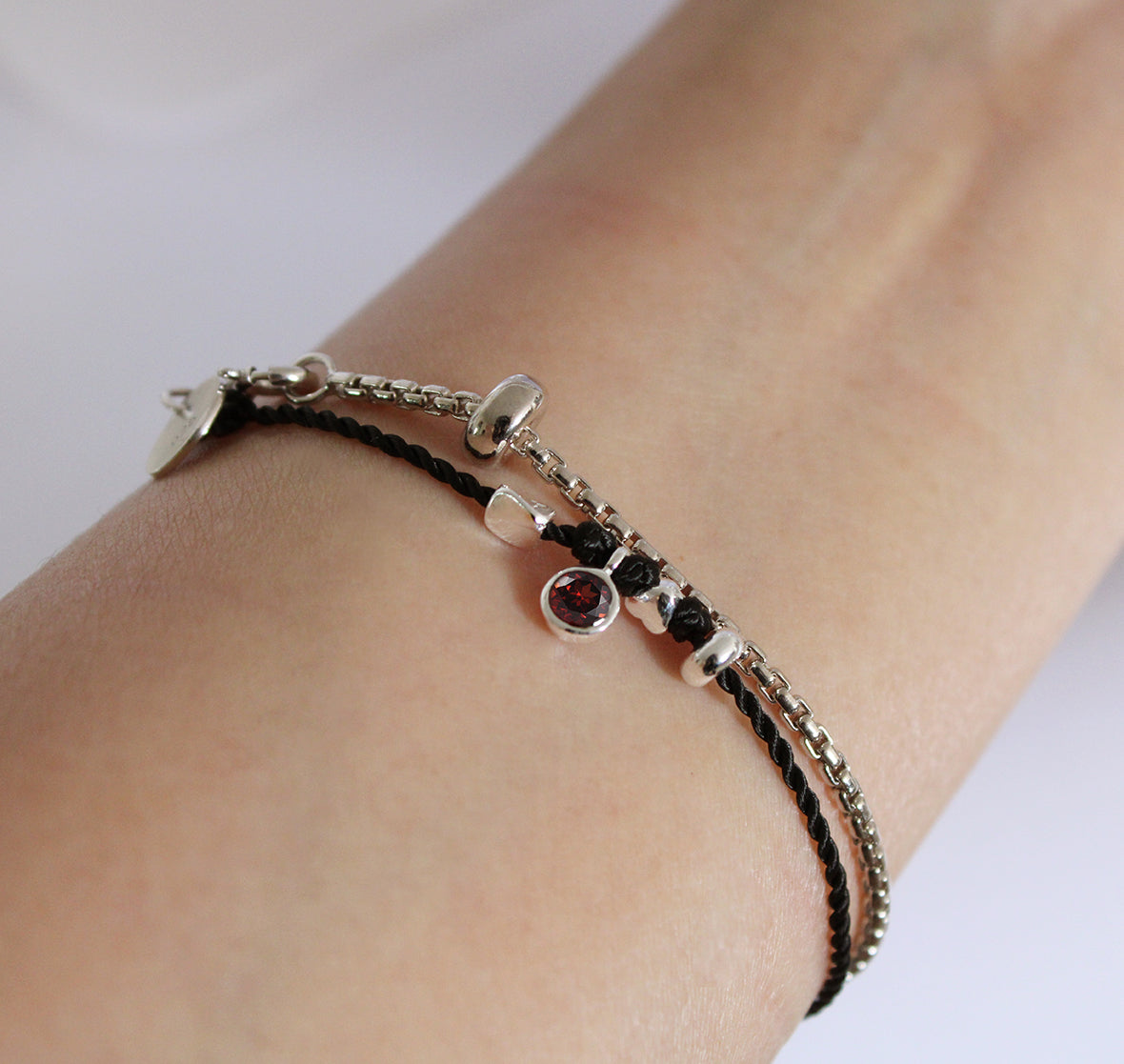 Black Rope Bracelet with Red Garnet Stone and Beads