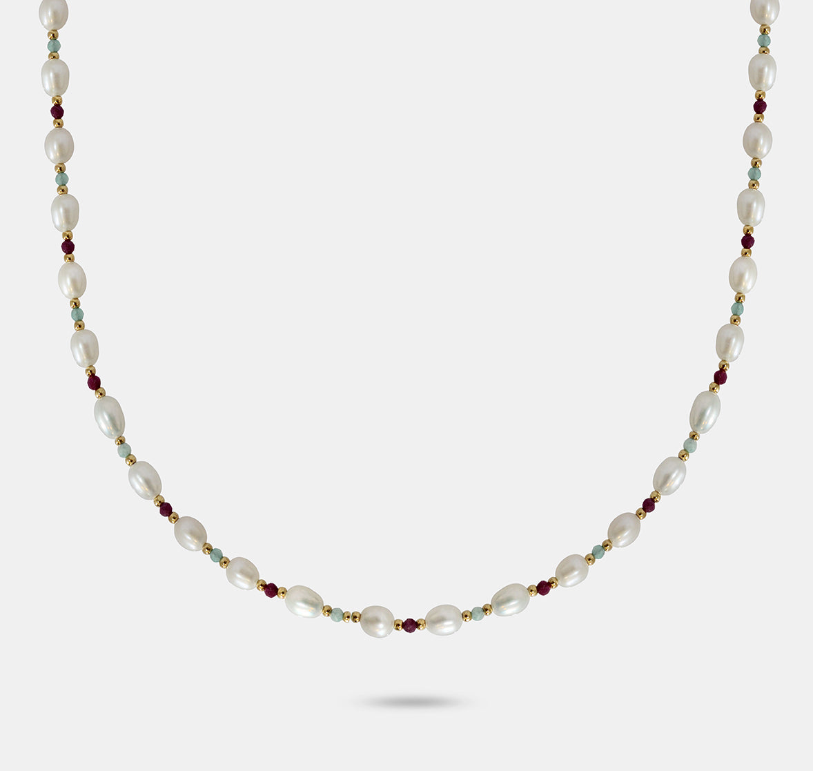 Medium Pearl Necklace with Ruby and Amazinite Beads