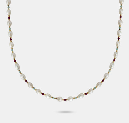 Medium Pearl Necklace with Ruby and Amazinite Beads