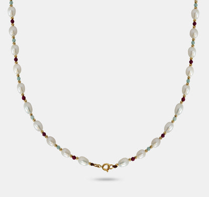 Medium Pearl Necklace with Ruby and Amazinite Beads