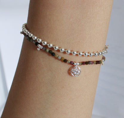 Brown Beaded Bracelet with Drop Beads and Atomic Charm