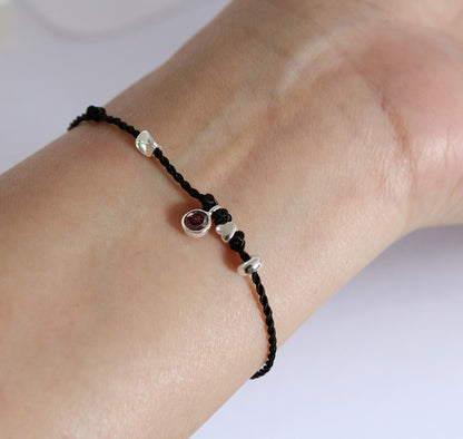 Black Rope Bracelet with Red Garnet Stone and Beads