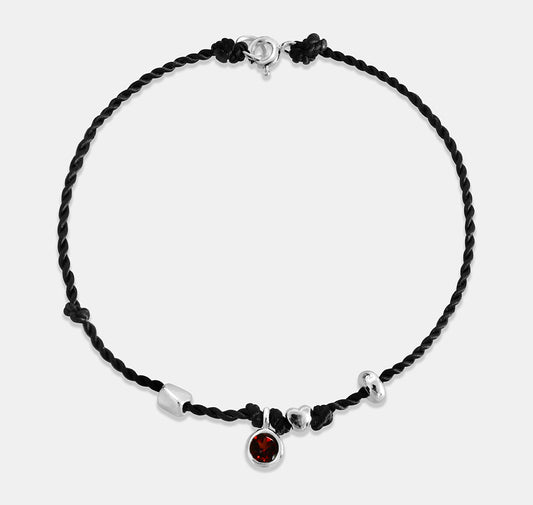 Black Rope Bracelet with Red Garnet Stone and Beads