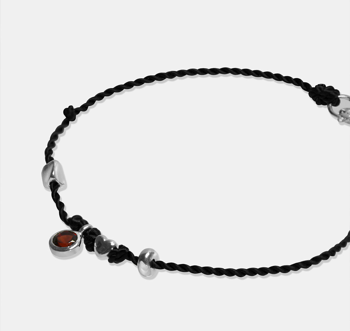 Black Rope Bracelet with Red Garnet Stone and Beads