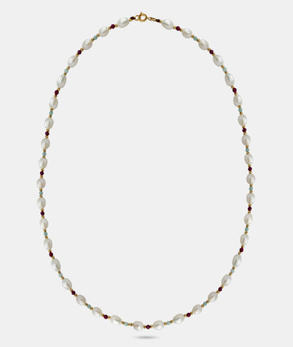 Medium Pearl Necklace with Ruby and Amazinite Beads